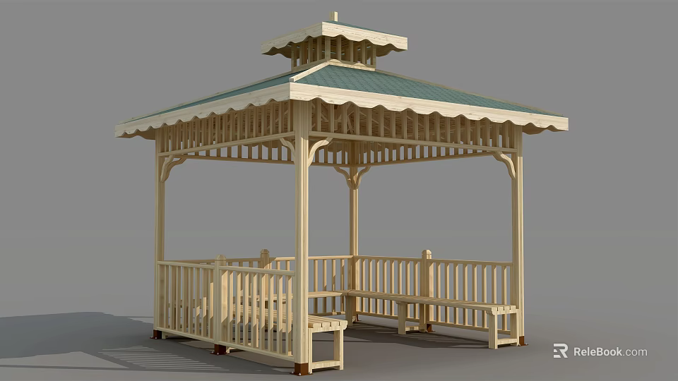 Traditional Pagoda Style Wooden Gazebo With Green Roof Railing And Benches Design 3d model 