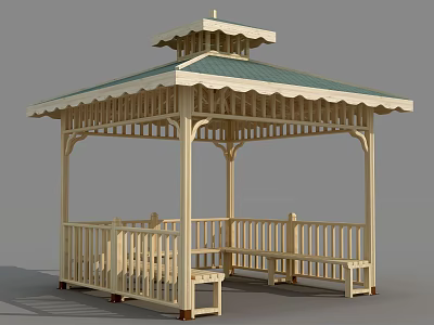 Traditional Pagoda Style Wooden Gazebo With Green Roof Railing And Benches Design 3d model