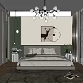 Modern Minimalist Bedroom With Gray Bed Nightstands Green Plants Deer Wall Art And Chandelier