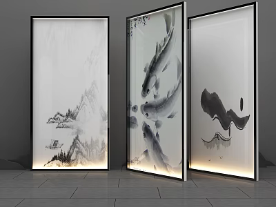 Modern Room Dividers With Ink Paintings Of Mountains Fish And Lighting 3d model