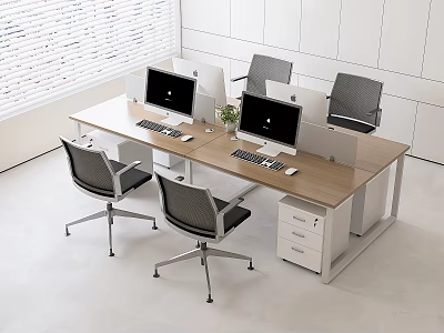 Wooden Office Desk With Computer Monitors Ergonomic Chairs Drawer Cabinet Against White Walls And Blinds 3d model