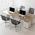 Wooden Office Desk With Computer Monitors Ergonomic Chairs Drawer Cabinet Against White Walls And Blinds