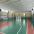 Basketball Gymnasium Interior With Green Red Court Floor White Lines Hoop Bleachers And Ceiling Lighting