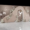 Elegant Wedding Backdrop With Floral Arch And Hanging Light Decorations 3d model