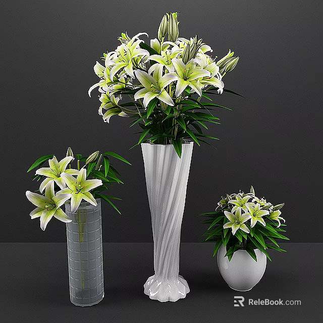 Elegant White Lily Flower Arrangement In Different Decorative Vases With Green Leaves 3d model 