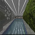 Indoor Swimming Pool Featuring Striped Ceiling Green Plant Wall Stone Walls and Light Reflections