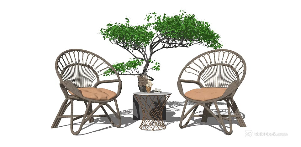 Wicker Patio Chairs And Small Table Set With Green Plant Decoration 3d model 