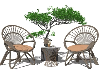 Wicker Patio Chairs And Small Table Set With Green Plant Decoration 3d model