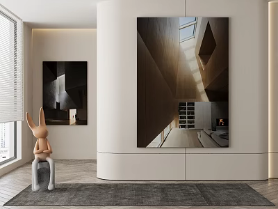 Modern Interior With Curved Column Abstract Paintings Rabbit Figurine And Carpet 3d model