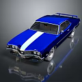 Blue Classic Muscle Car With White Stripe Shiny Body And Alloy Wheels