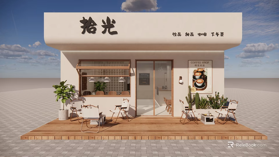Milk Tea Shop With White Building Wooden Deck Outdoor Tables Chairs Plants And Poster 3d model 