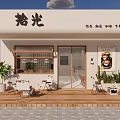 Milk Tea Shop With White Building Wooden Deck Outdoor Tables Chairs Plants And Poster