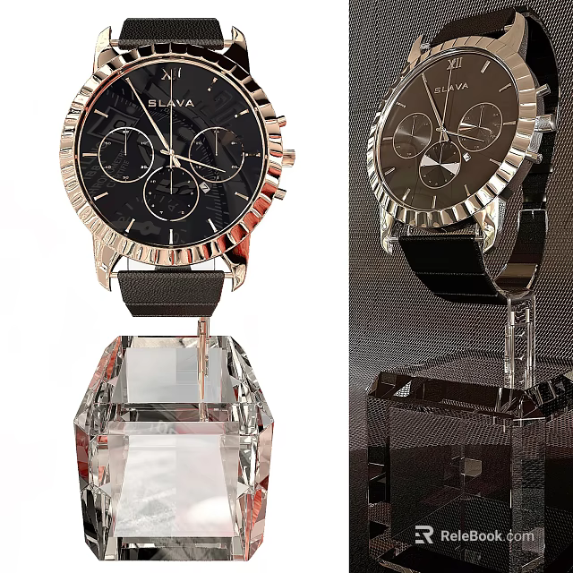 SELVA Black Dial Watch With Multiple Subdials Black Strap And Clear Crystal Base 3d model