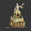 Golden Man Sculpture Riding Horse Holding Colorful Object Surrounded By Small Figurines On Circular Base