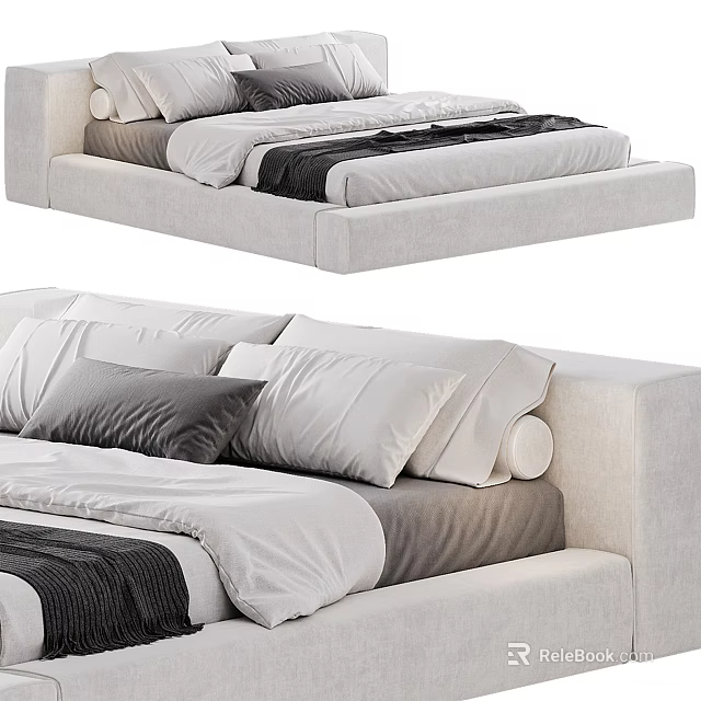Modern Double Bed with Upholstered Headboard and White Gray Bedding Pillows 3d model 
