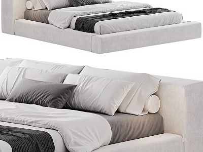 Modern Double Bed with Upholstered Headboard and White Gray Bedding Pillows 3d model