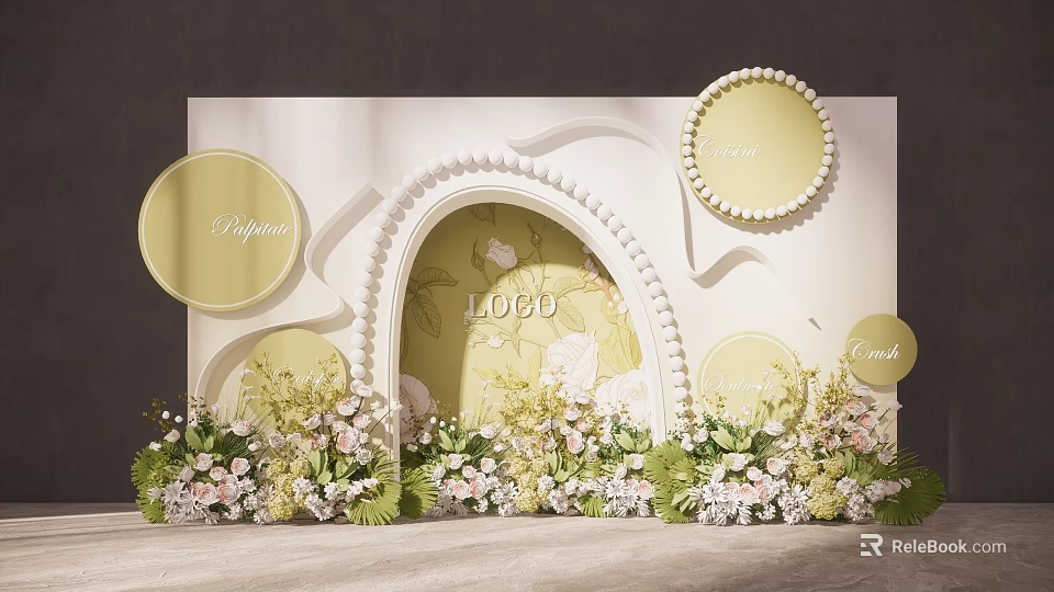 Elegant Decorative Wall With Arched Design Circular Decorations And Flower Arrangements 3d model