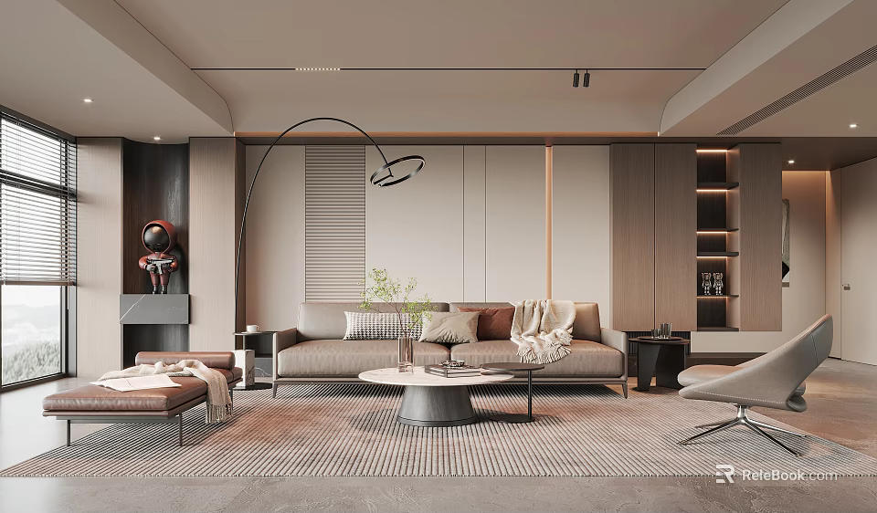 Modern Living Room Interior With Beige Sofa Floor Lamp Coffee Table And Wooden Wall 3d model 