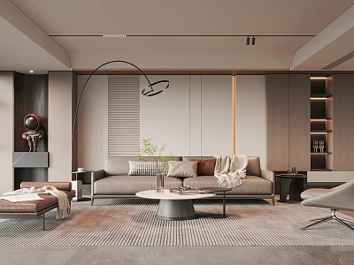 Modern Living Room Interior With Beige Sofa Floor Lamp Coffee Table And Wooden Wall 3d model