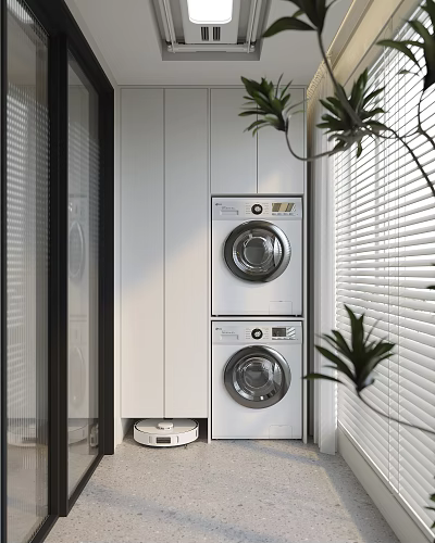 Modern Home Balcony With Stacked Washer Dryer Window Blinds And Green Plants 3d model