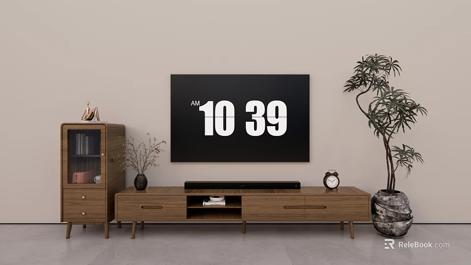 Modern Wooden TV Stand With TV Decorative Cabinet Vase Clock And Potted Plant 3d model 