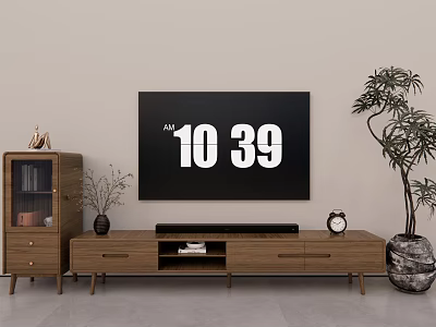 Modern Wooden TV Stand With TV Decorative Cabinet Vase Clock And Potted Plant 3d model