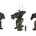 Game Character Three Detailed Giant Mechs With Small Human Figure Design