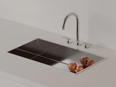 Stainless Steel Kitchen Faucet on White Countertop with Square Sink and Brown Spheres 3d model