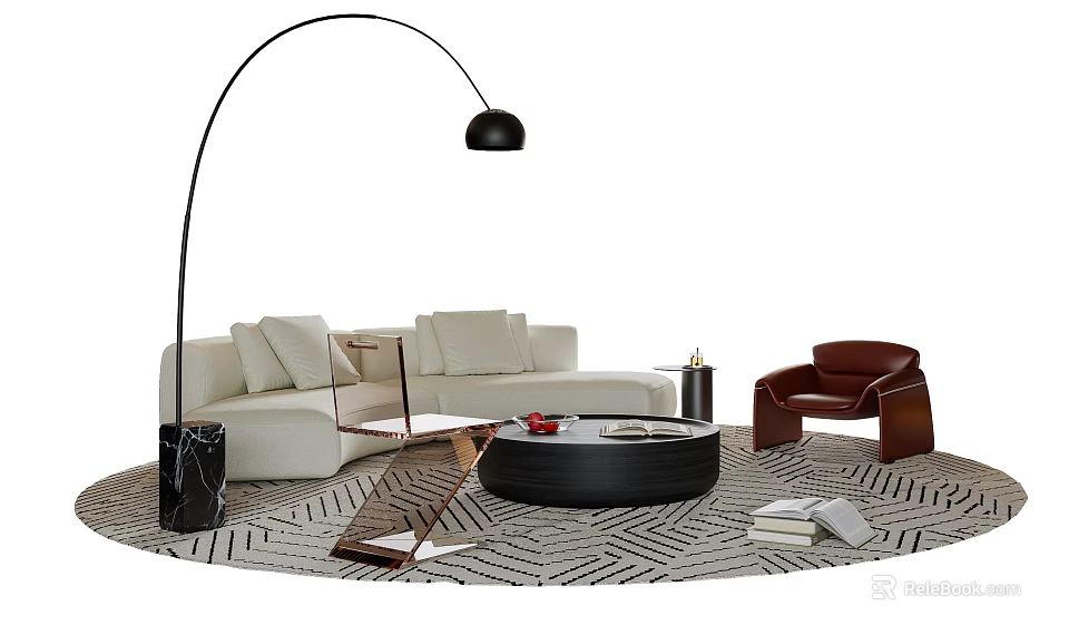 Beige L Sofa and Round Coffee Table Set with Geometric Rug Arched Floor Lamp 3d model 