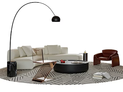 Beige L Sofa and Round Coffee Table Set with Geometric Rug Arched Floor Lamp 3d model
