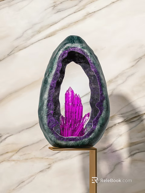 Decorative Ornament Set with Amethyst Crystal Cluster Green Outer Shell Gold Base and Marble Background 3d model 