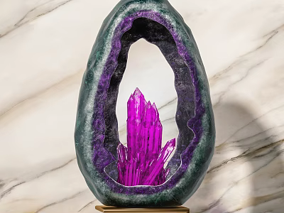 Decorative Ornament Set with Amethyst Crystal Cluster Green Outer Shell Gold Base and Marble Background 3d model