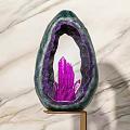 Decorative Ornament Set with Amethyst Crystal Cluster Green Outer Shell Gold Base and Marble Background