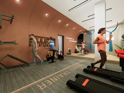 People Exercising In Modern Fitness Gym With Treadmill And Workout Equipment 3d model