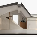 Modern Attic Interior With Sloped Roof Orange Sky Window Mountain View And Laundry Area