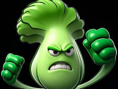 Green Cabbage Shaped Cartoon Game Movie Character With Angry Expression And Raised Fists 3d model