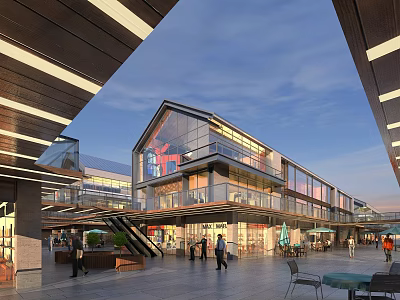 Modern Commercial Street With Glass Facades Pedestrian Walkways And Outdoor Seating Areas 3d model