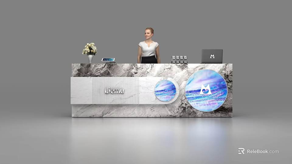 Modern Marble Reception Desk With Flower Vase Tablet Laptop And Circular Displays 3d model 