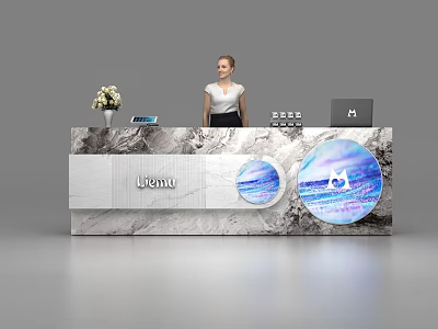 Modern Marble Reception Desk With Flower Vase Tablet Laptop And Circular Displays 3d model
