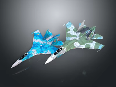 Two Military Fighter Jets With Blue And Green Camouflage Patterns 3d model