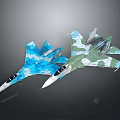 Two Military Fighter Jets With Blue And Green Camouflage Patterns