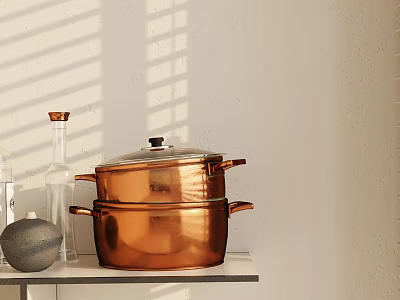 Copper Double Boiler on Shelf with Glass Bottle Gray Sphere and White Wall Light Shadows 3d model