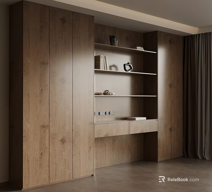 Modern Wooden Bookcase With Open Shelves And Decorative Items In Interior 3d model 