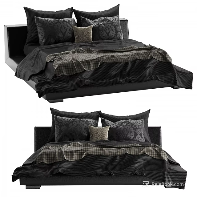 Black Double Bed With Plaid Bed Linen Decorative Pillows And Cushion 3d model 