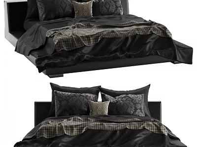 Black Double Bed With Plaid Bed Linen Decorative Pillows And Cushion 3d model