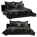 Black Double Bed With Plaid Bed Linen Decorative Pillows And Cushion