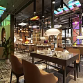Stylish Restaurant Interior With Wooden Tables Leather Chairs Pendant Lights And Brick Walls