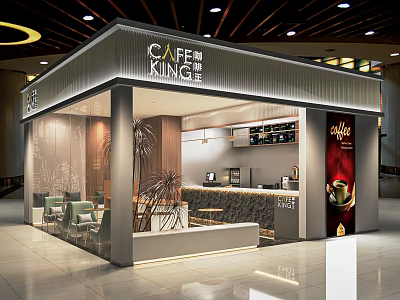 Modern Cafe Interior Design With Glass Windows Seating Area Bar Counter And Green Plants 3d model