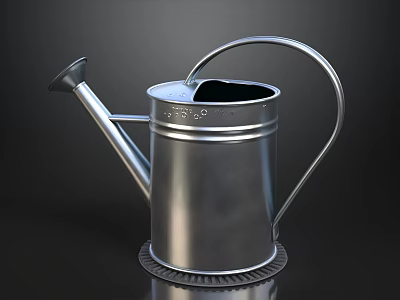 Silver Metal Watering Can With Long Spout Handle And Base Tray On Dark Background 3d model