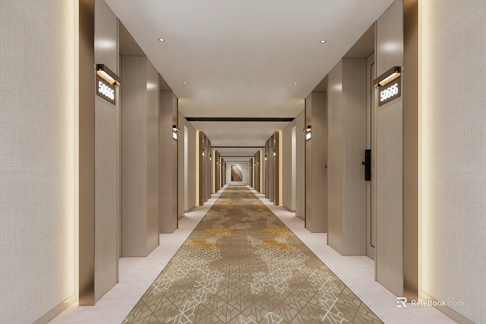 Hotel Corridor Interior Design With Beige Walls Patterned Carpet And Wall Sconces 3d model 